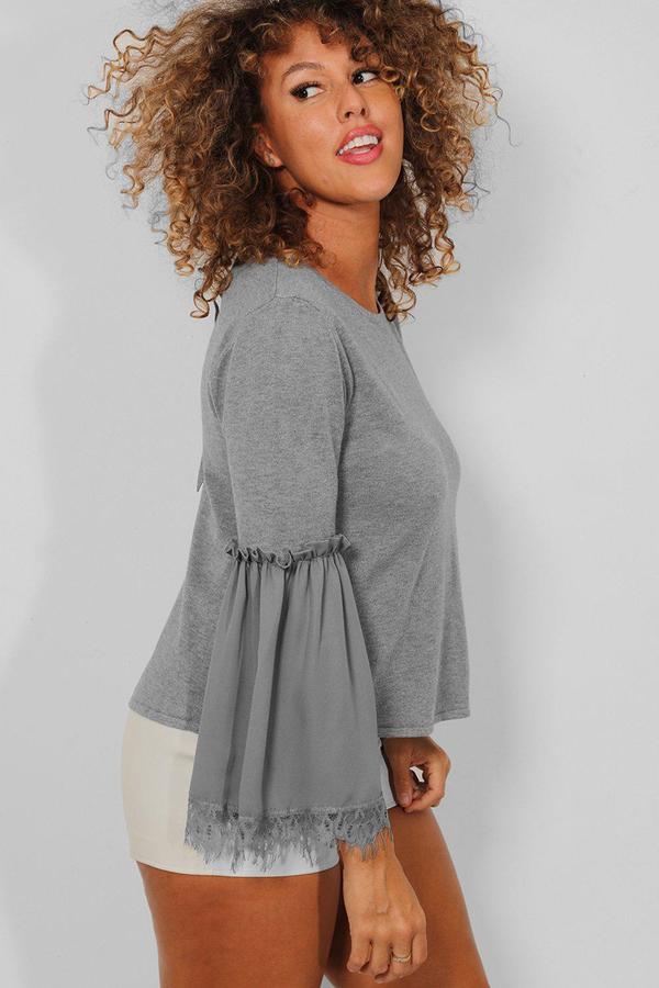 Svetr Lucy Sparks šedý se šifonovým rukávem S/M