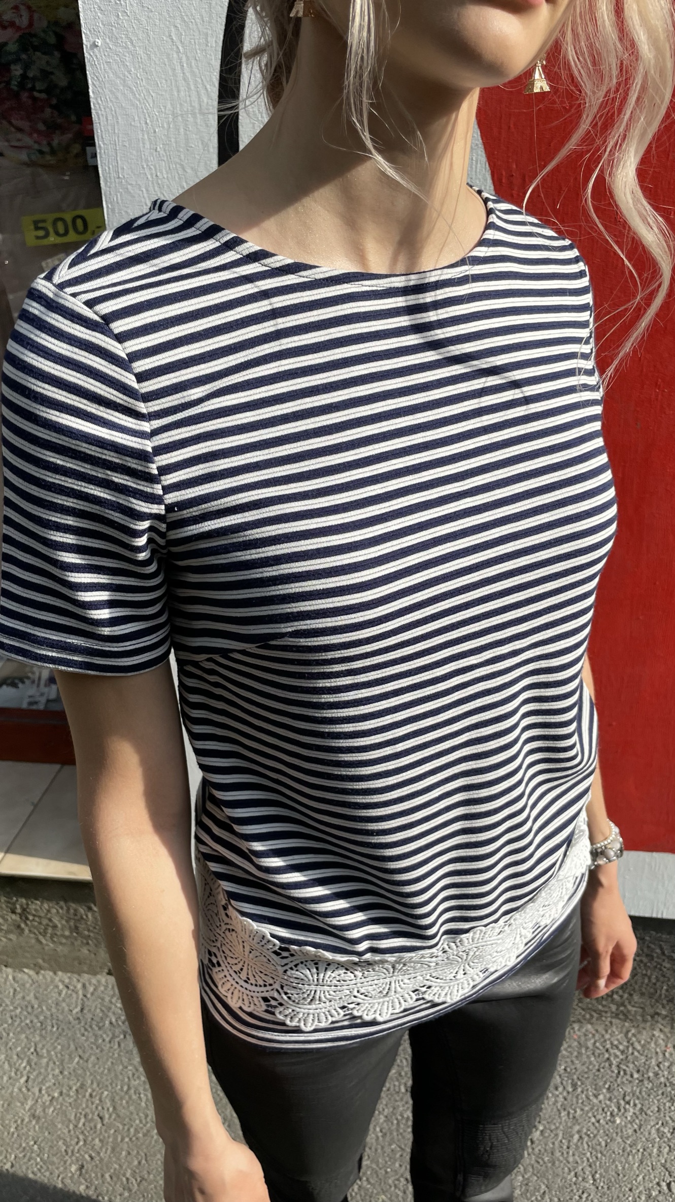 Tričko modré pruhované s krajkou vel. S