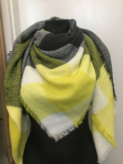 Šátek zimní kostkovaný  žluto-šedý 10% vlna 144 cm